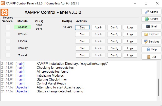 xampp control panel started Apache server