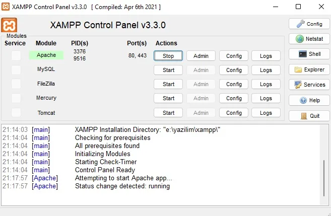 xampp kontrol paneli Apache sunusunu başlattık