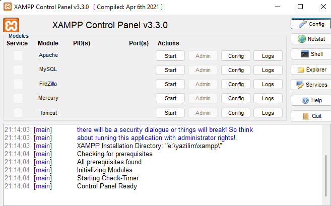 xampp control panel